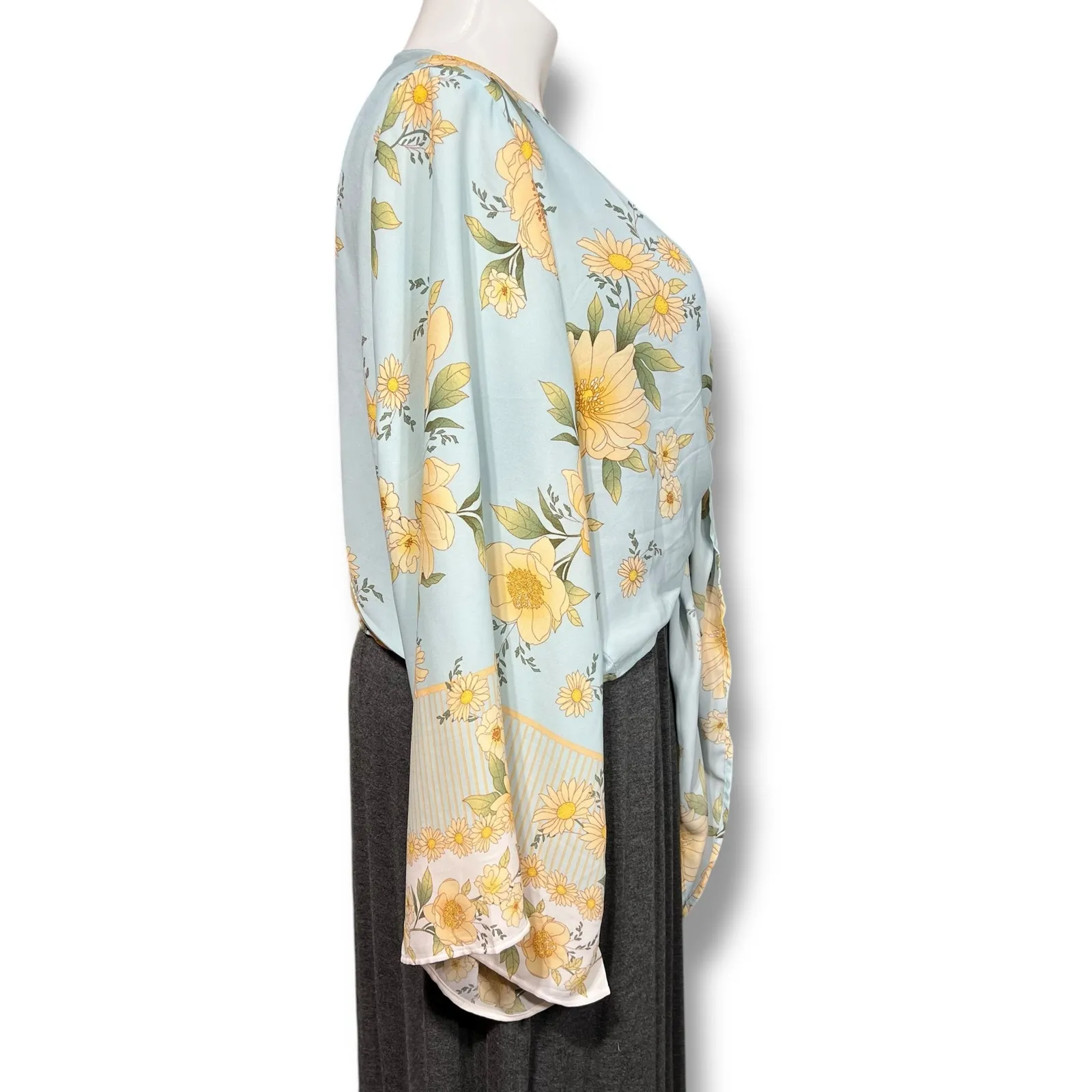 Rue+ Womens Bolero Shrug Crop Tie Front Kimono Sleeve Floral Yellow Blue 3X - Image 3