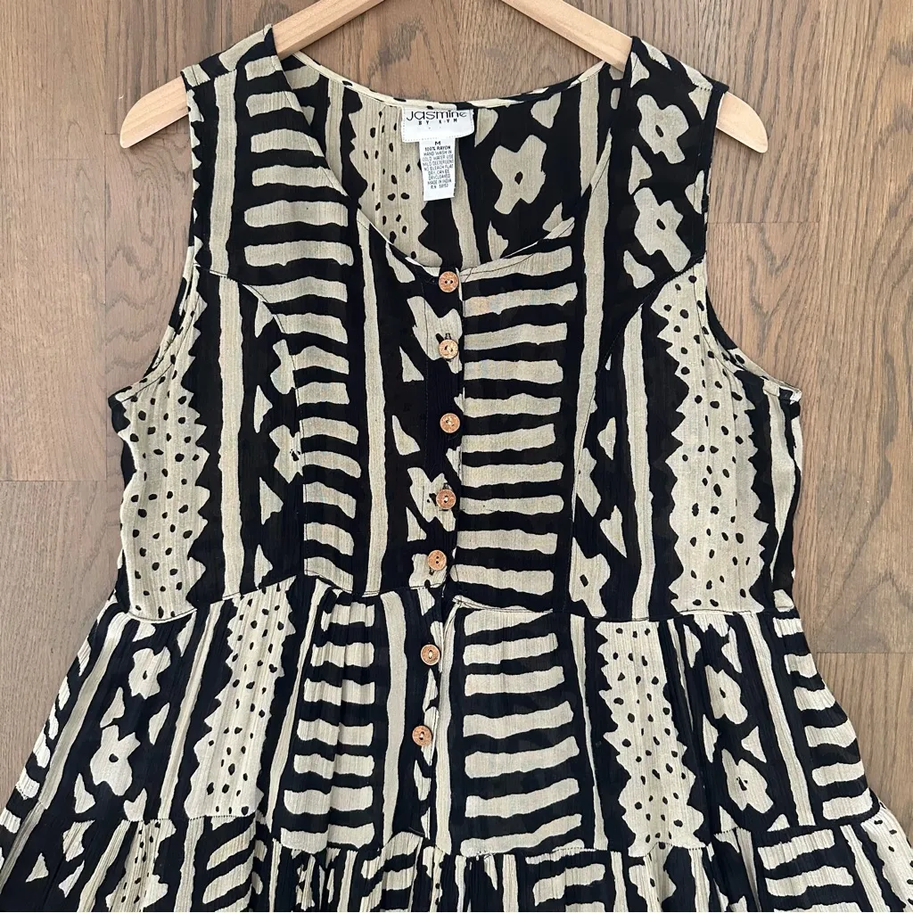 Vintage 90s Grunge Abstract Mudcloth Print Tiered Babydoll Gauze Dress Black M - Image 3