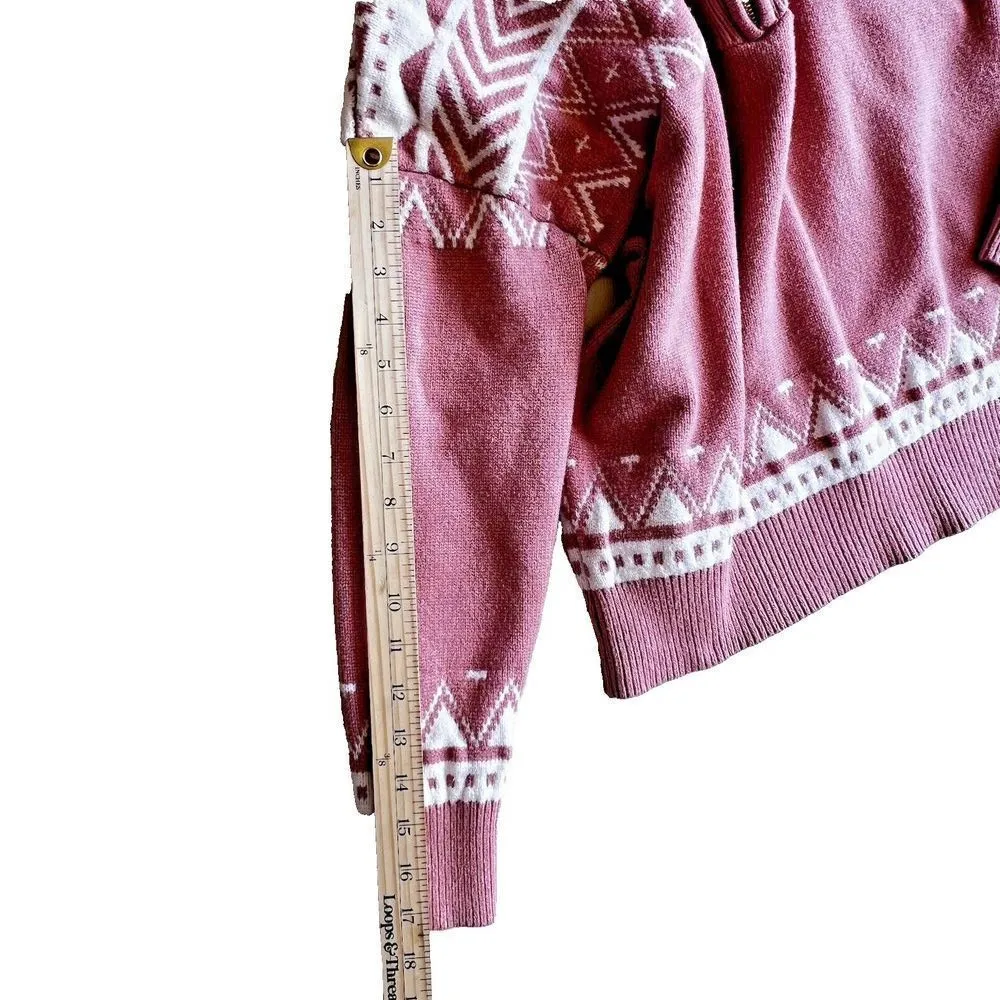 Boho Sweater Women’s Western Aztec Pattern Quarter Zipper Knitted Size S Pink - Image 4