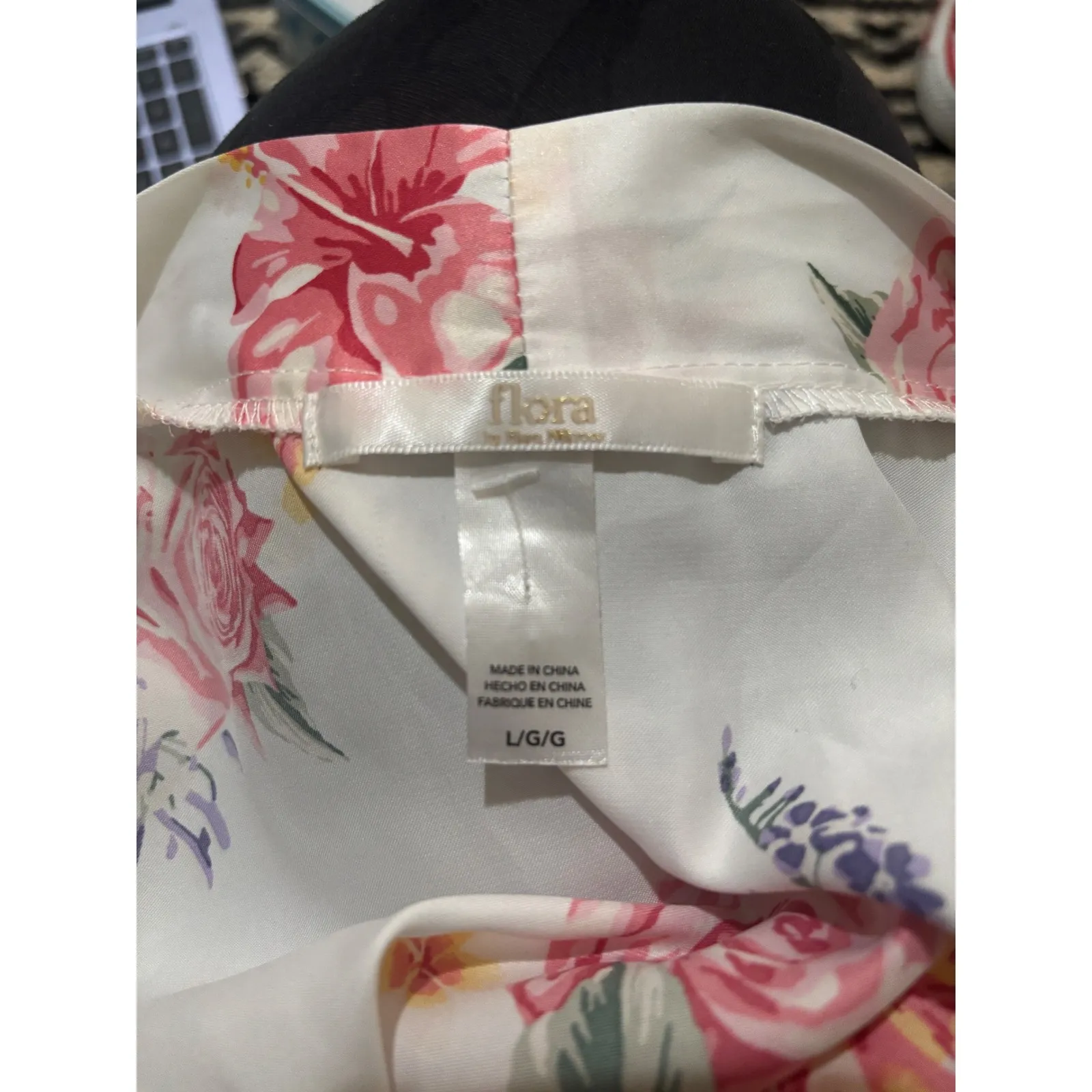 VTG Flora Nikrooz Womens White Floral Print Satin Lace Trim Robe Slip Set Sz  L - Image 8