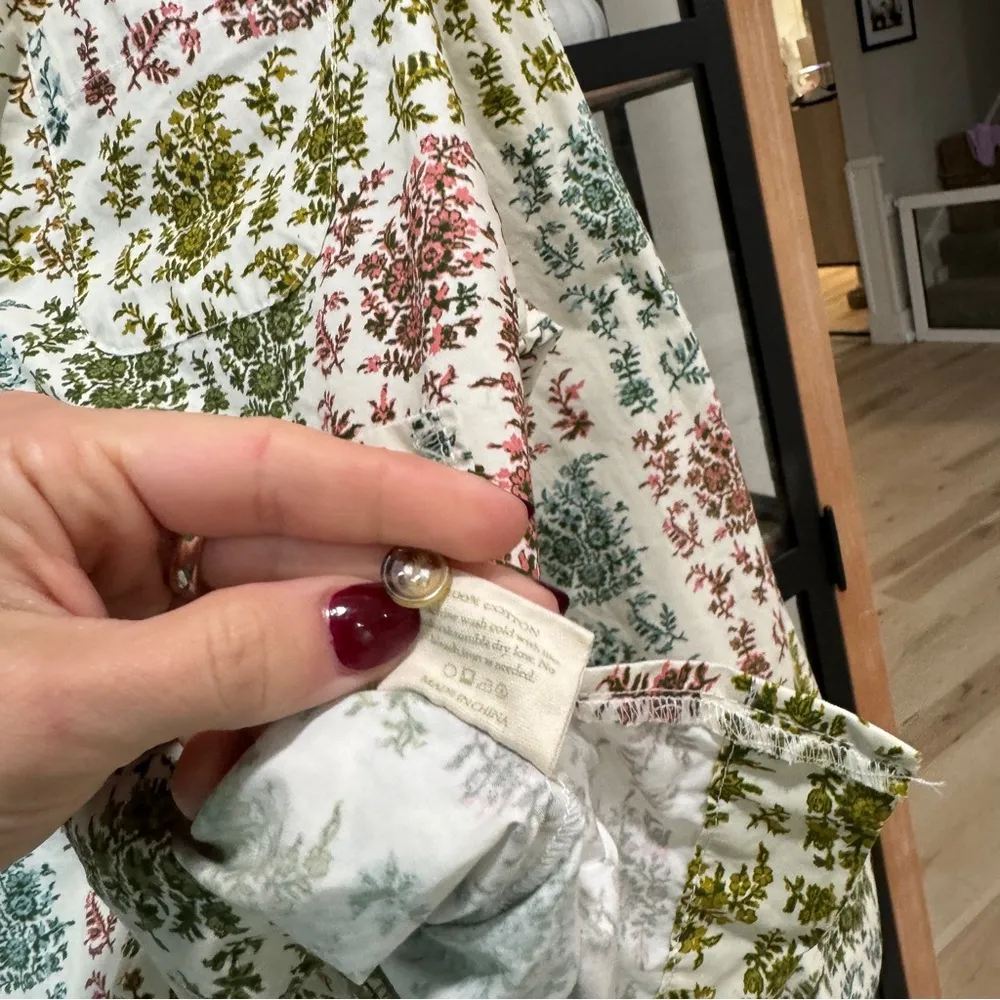 Parterre block print heidi top button down shirt pajamas paisley long sleeves Green Size L - Image 8