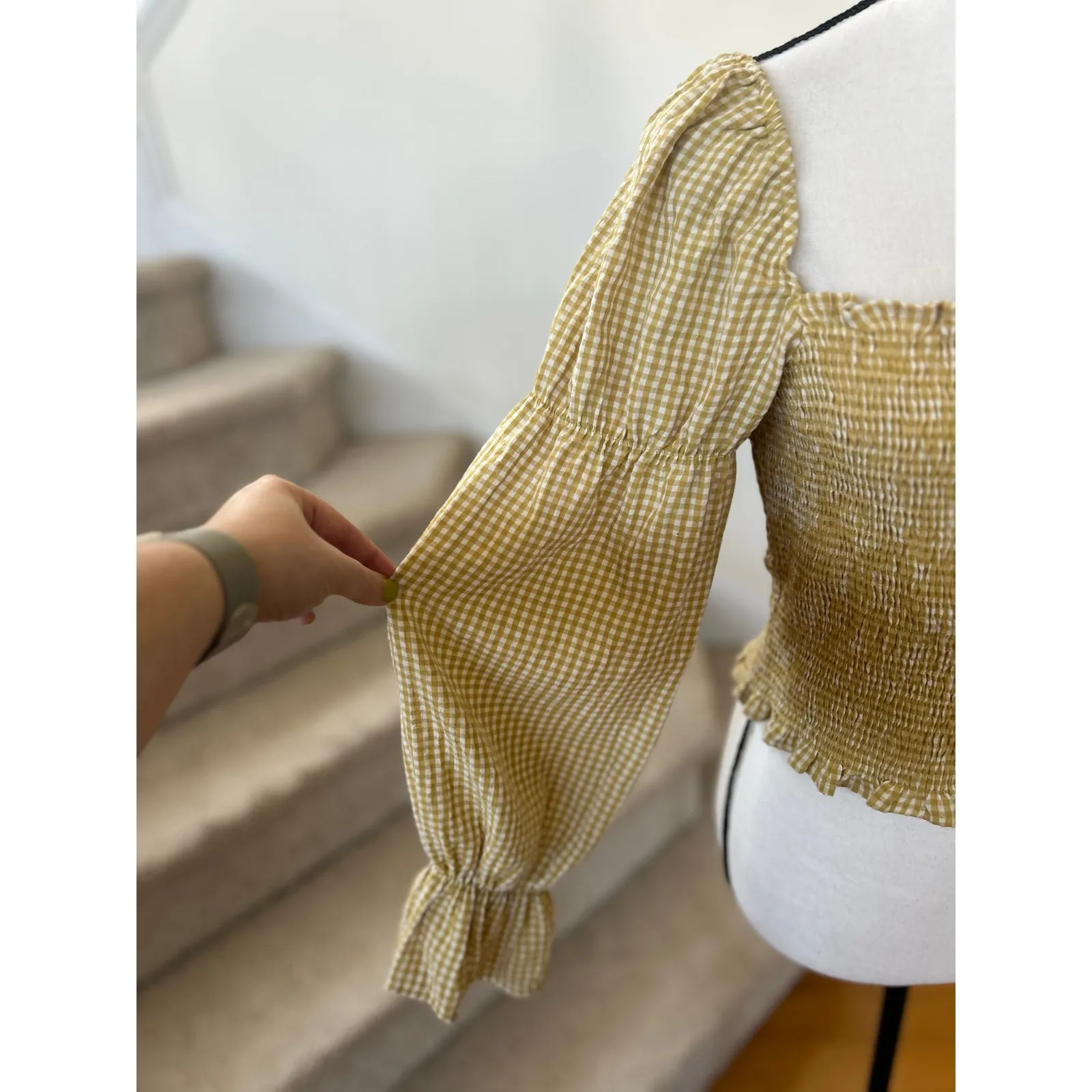Urban Outfitters Mustard Yellow Gingham Shirred Puff Sleeve Milkmaid Top - Image 7