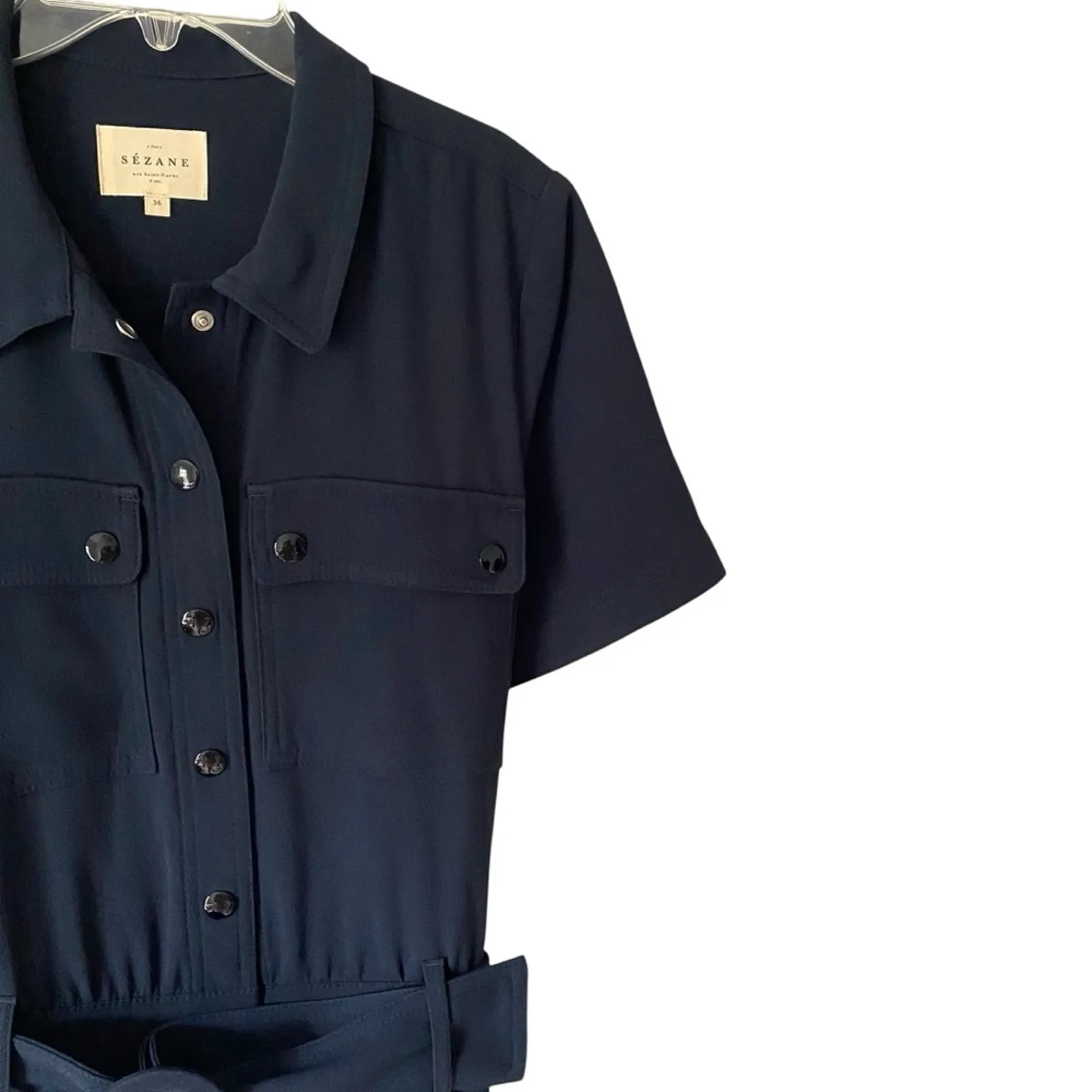 Sezane Manhatt Navy Blue Belted Jumpsuit size 36 US 4 - Image 4
