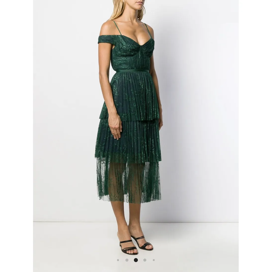 Self-Portrait Green Off Shoulder Fine Lace Dress - Image 8
