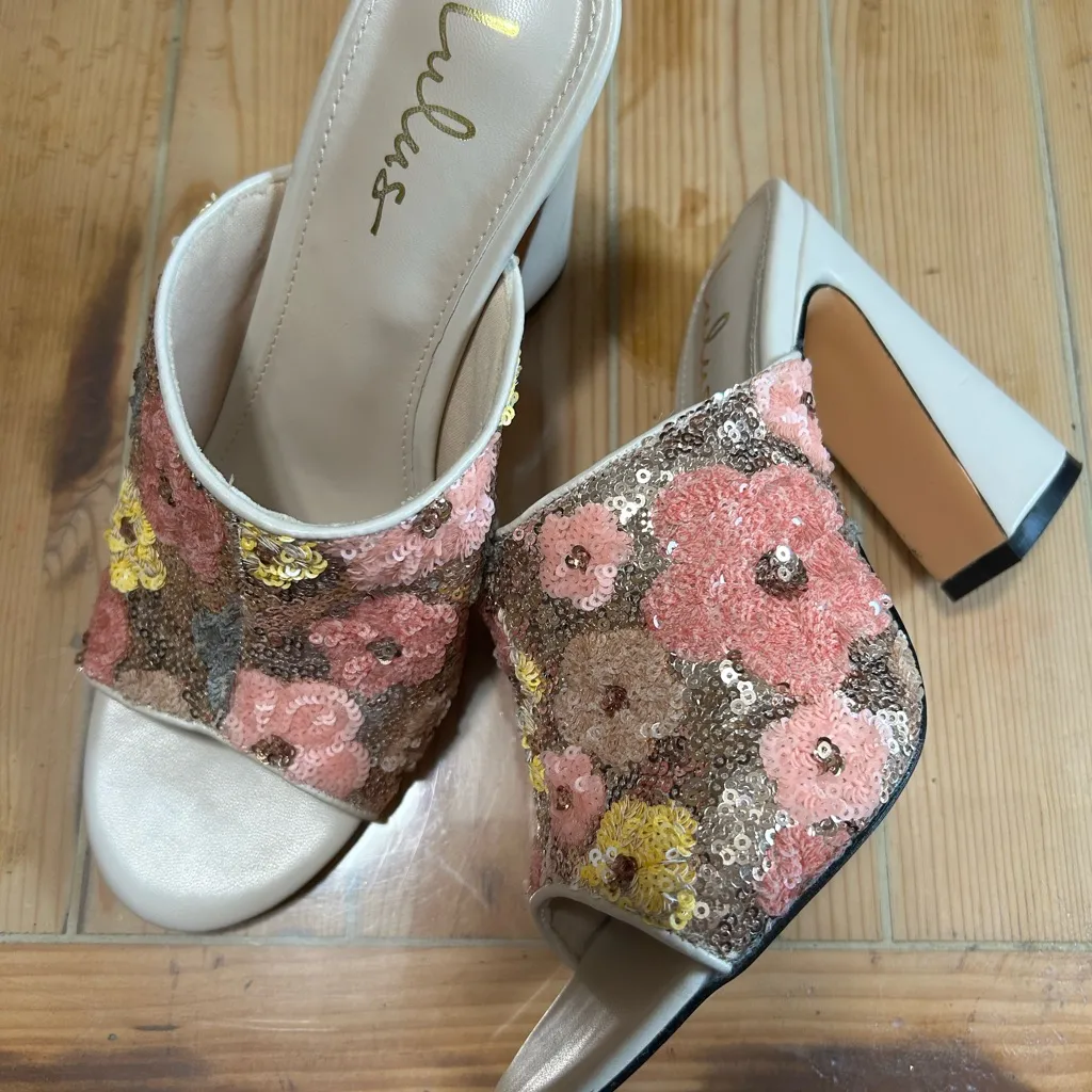 NWOB Lulus Callixta Pink Bone Floral Sequin Slide Heels – Size 8.5 - Image 2