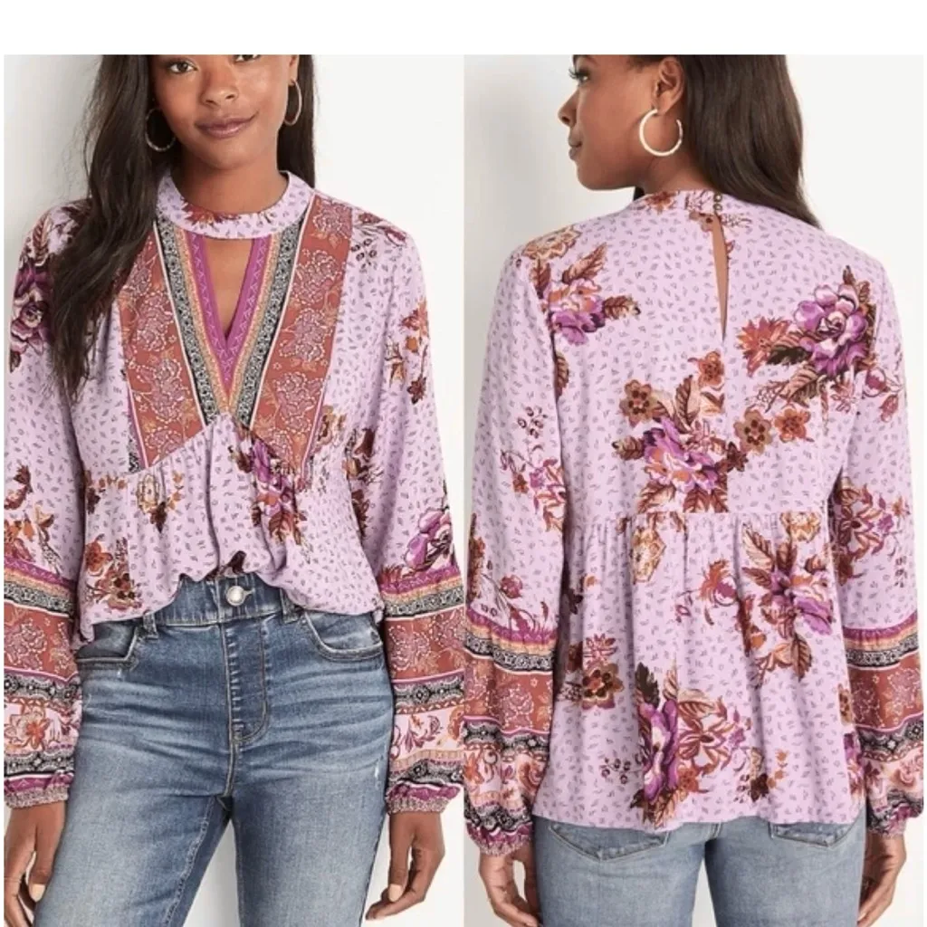 Maurices Top Tunic Floral Purple Lavender Floral 1X Boho Relaxed Long Sleeves - Image 14