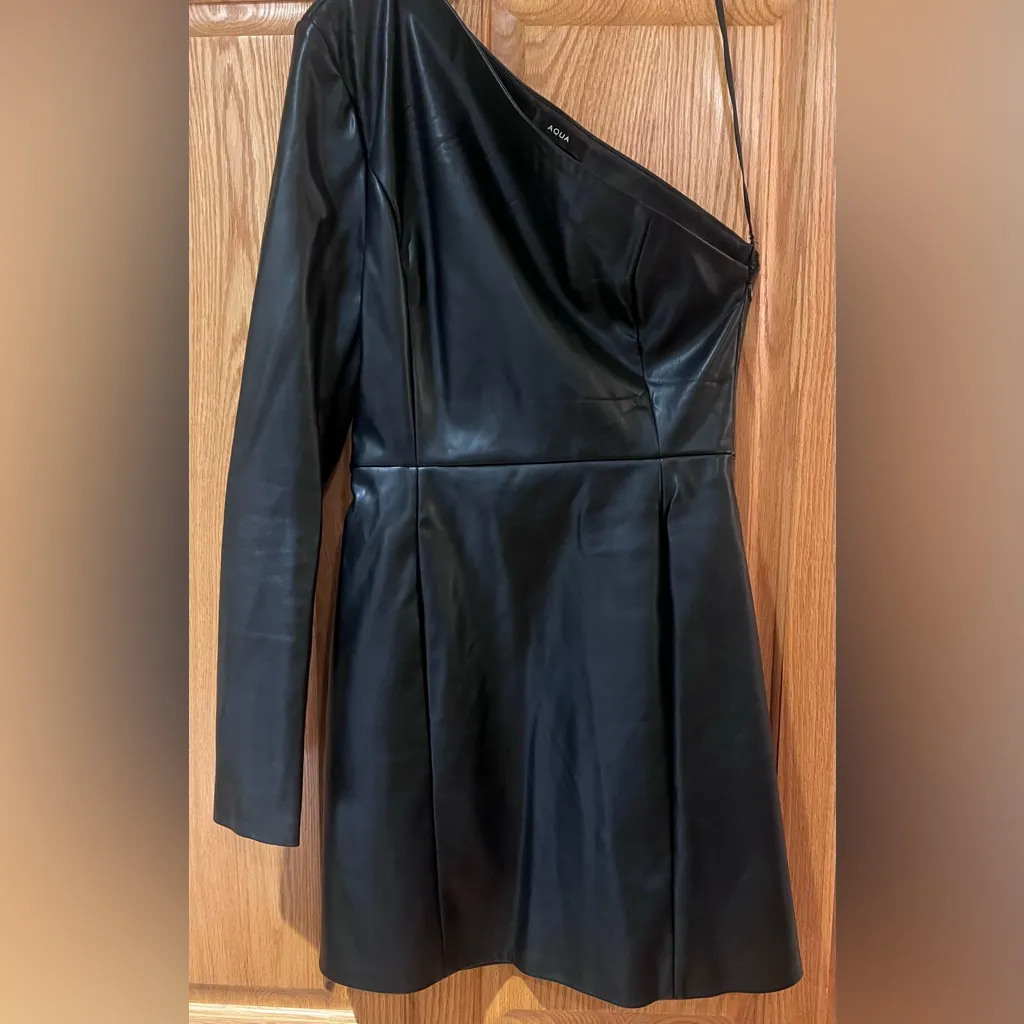 Aqua Faythe Vegan Faux Leather One‎ Shoulder Mini Dress Black Size Small - Image 8