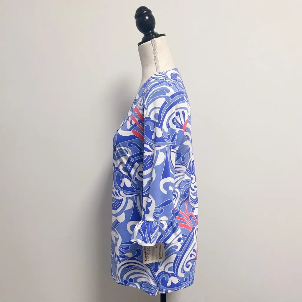 Katherine Way White Pink Blue Periwinkle 3/4 Circular Flounce Sleeve U Neck Top Size XS - Image 3