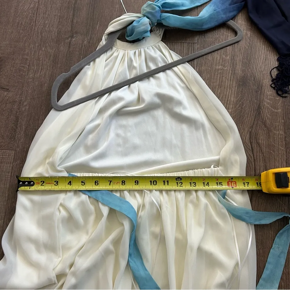 Luxxel Cream Blue Dip Dye Tie Neck Low Back Maxi Dress S - Image 8