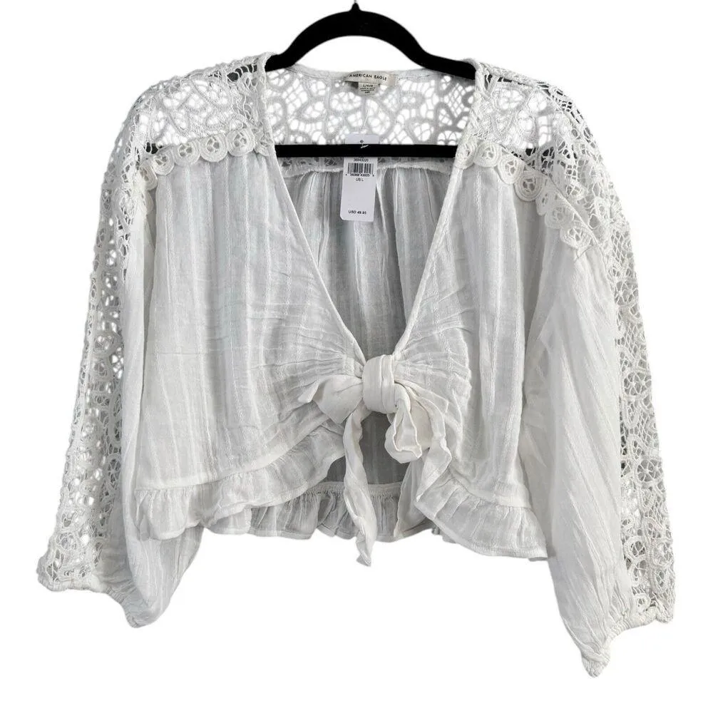 NWT American Eagle White Tie Front Crochet Crop Top Size Large - Image 3