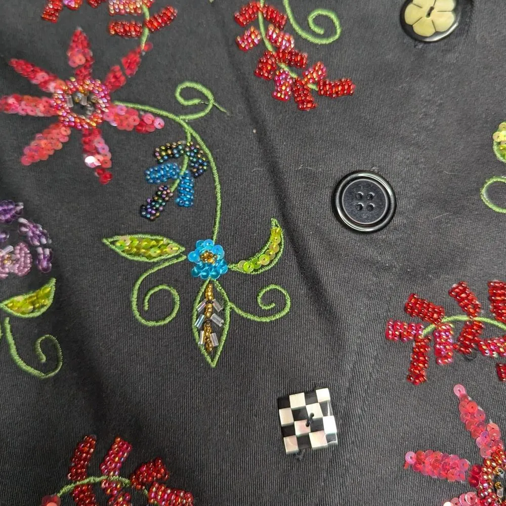 Vtg Y2K Faith Black Cotton Floral Embroidered Embellished Button Up Jacket M Size M - Image 3