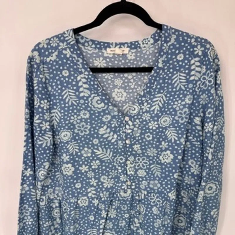 Beach Lunch Lounge Midi Dress Womens S‎ Blue White Floral Cotton Rayon Pockets - Image 2