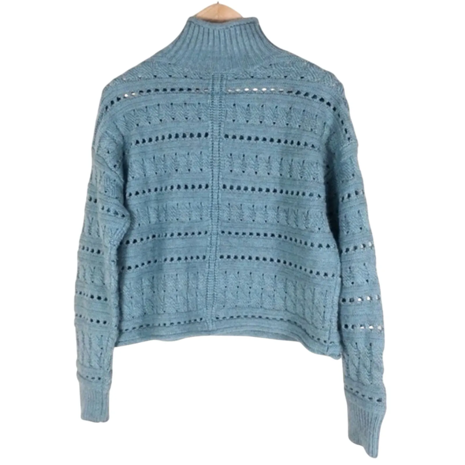 Hinge Sweater Womens S Blue Mock Neck Chunky Cable Knit Boxy Cozy Cottagecore - Image 6