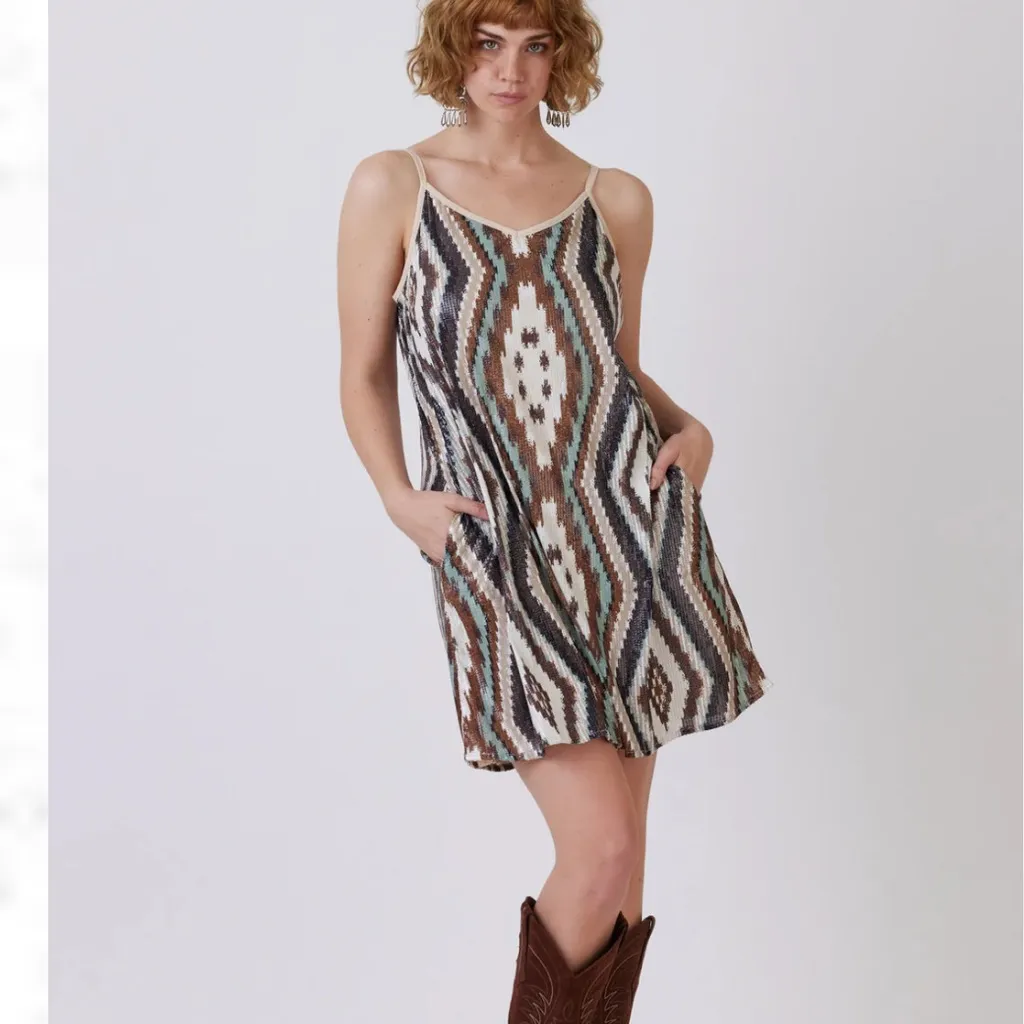 Double D Ranch Sequin Spaghetti Strap Aztec Dress Western Medium‎ w/pockets - Image 2