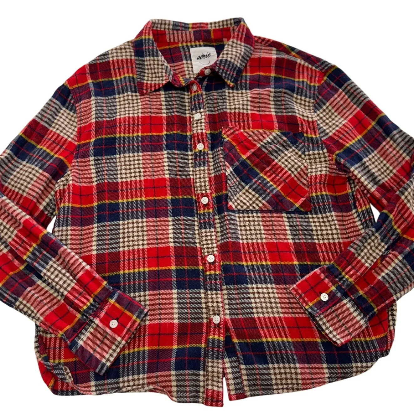 Aerie Top Womens Small Red Plaid Flannel Pajama‎ Button Up Top Soft Cotton Blend - Image 2