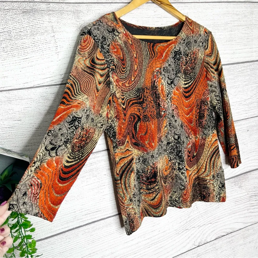 Vintage Trippy Psychedelic Stretch Blouse Top Size XL Burnt Orange Agate Crystal - Image 2