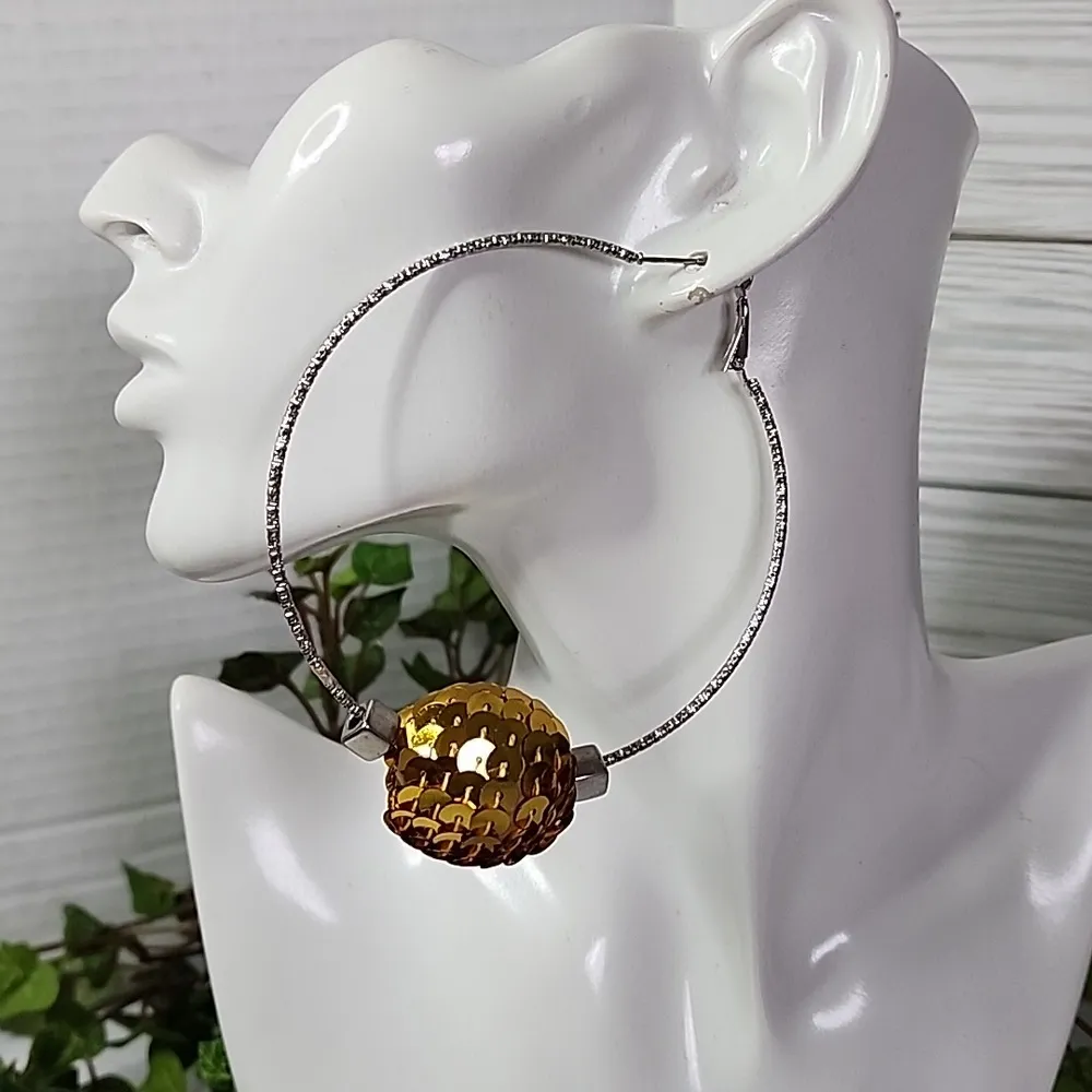 Large Silver Statement Hoop Earrings with Gold Sequin Disco Ball New - Image 5