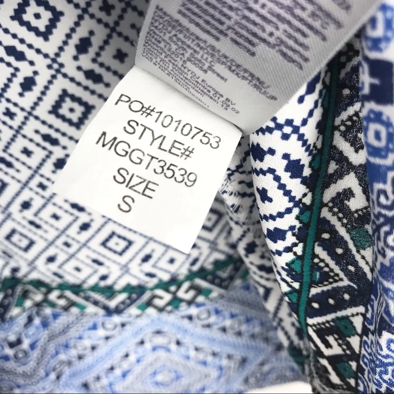 NYDJ Womens Beaded V-Neck Tassel Blouse 3/4 Sleeve Geometric Pattern Blue Small - Image 7