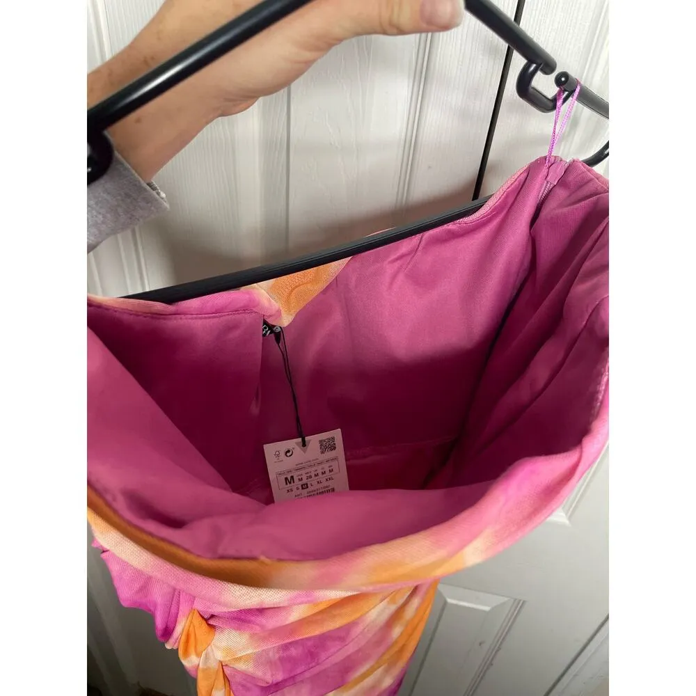 NEW Zara Strapless Pink Orange Midi Dress Tulle Size Medium Bodycon - Image 9