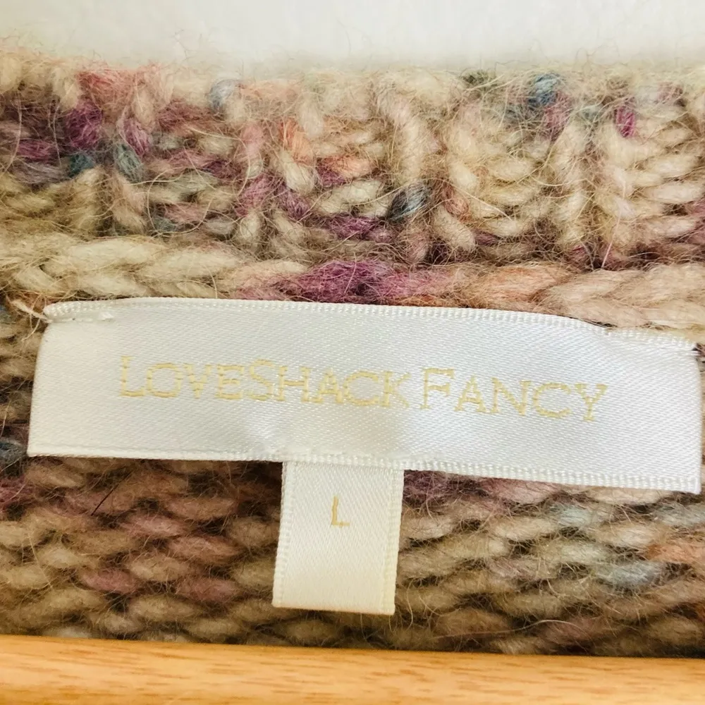 LoveShackFancy tan, cream and pink sweater with textured details & puff sleeve. - Image 4