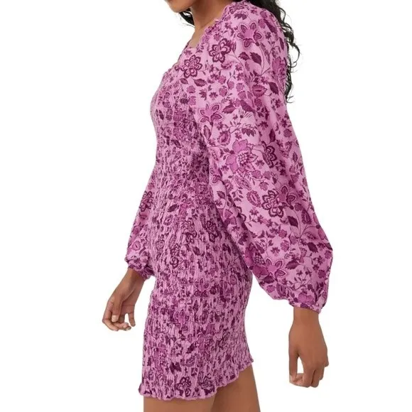 NWT Free People Mini Dress Long Sleeved Bodycon Floral Purple Magenta Size Small - Image 4