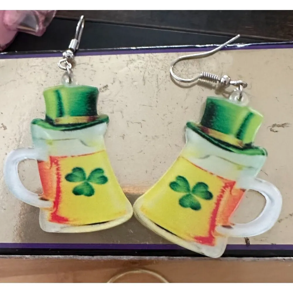 St Patricks Day Earrings Beer Shamrock Leprechaun Hat Dangle Hooks Parad… Green - Image 2