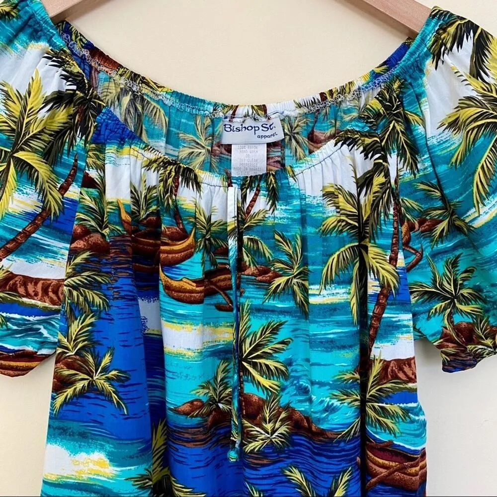 Vintage Bishop St. blouse women's M Hawaiian palm tree ocean tropical aloha top Blue Size M - Image 2