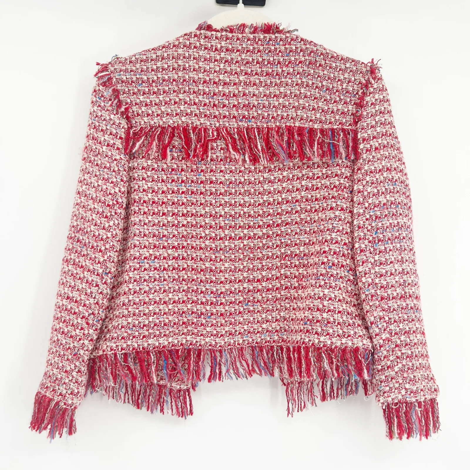 Zara Basic Womens Bloggers Fav Preppy Red Tweed Fringe Blazer Jacket Size S - Image 10