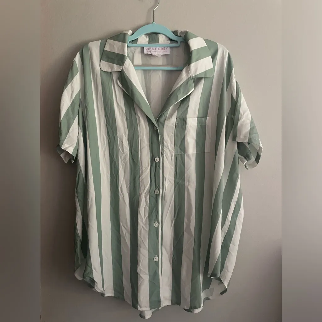 Birdy Grey Striped Button-Up Pajama Set, Green and White, Size XL - Image 3