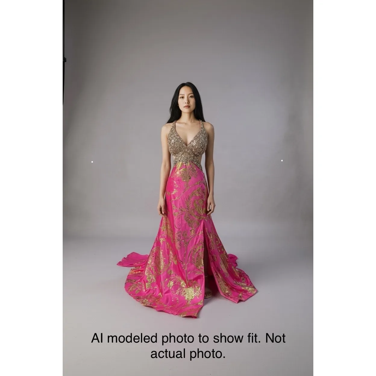Mac Duggal Cassandra Stone Prom Dress Gown Hot Pink Gold Beaded Metallic Formal - Image 8