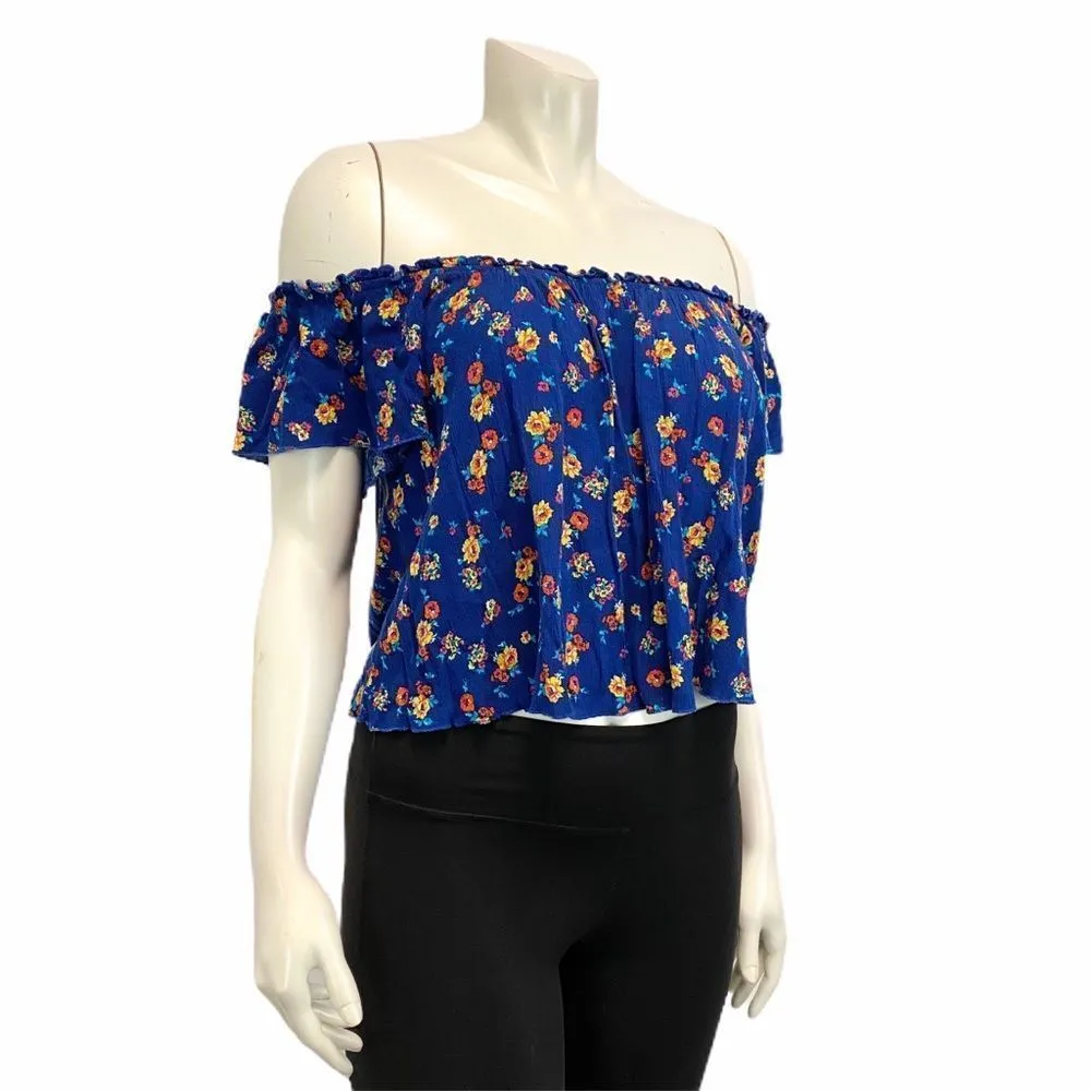Society Girl Blue Floral Off Shoulder Top - Image 2