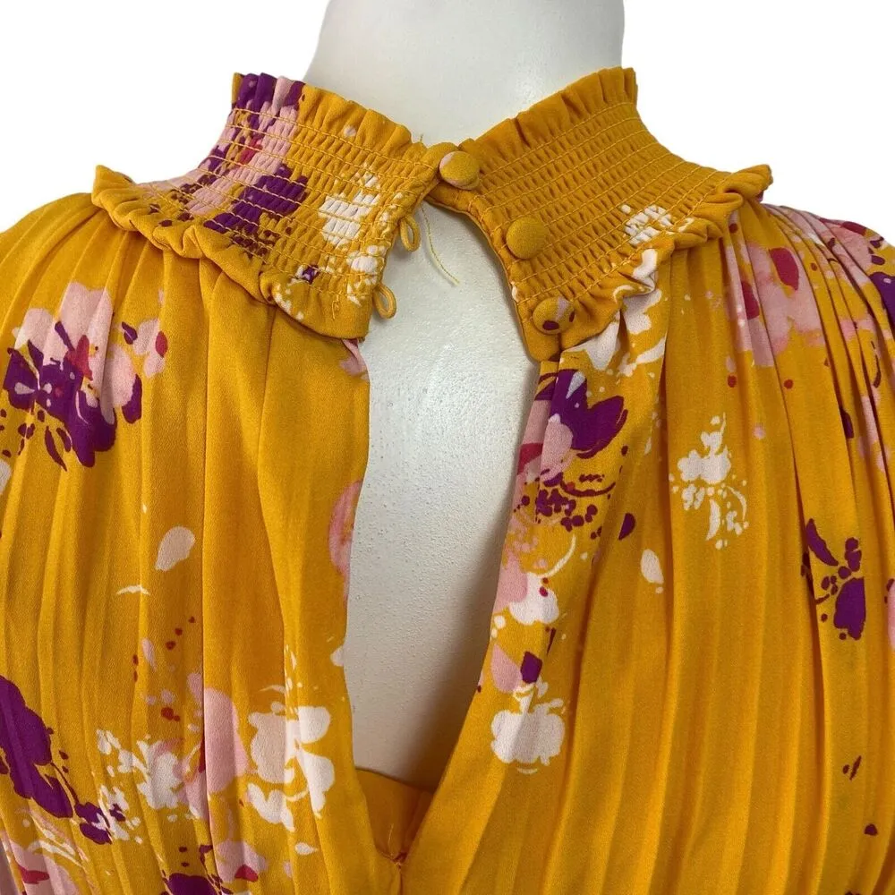 Nanette Lepore Sz 4 Floral Print Accordion Pleated Dress Mango Mojito Keyhole - Image 7