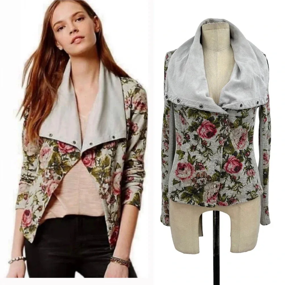 Anthropologie Saturday Sunday‎ Florascape Moto Jacket Sweatshirt Gray Size Small - Image 2