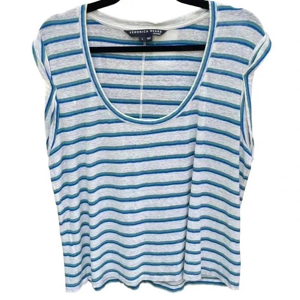 Veronica Beard Linen Arion Muscle Tank Sleeveless Stripe Shirt - Image 6