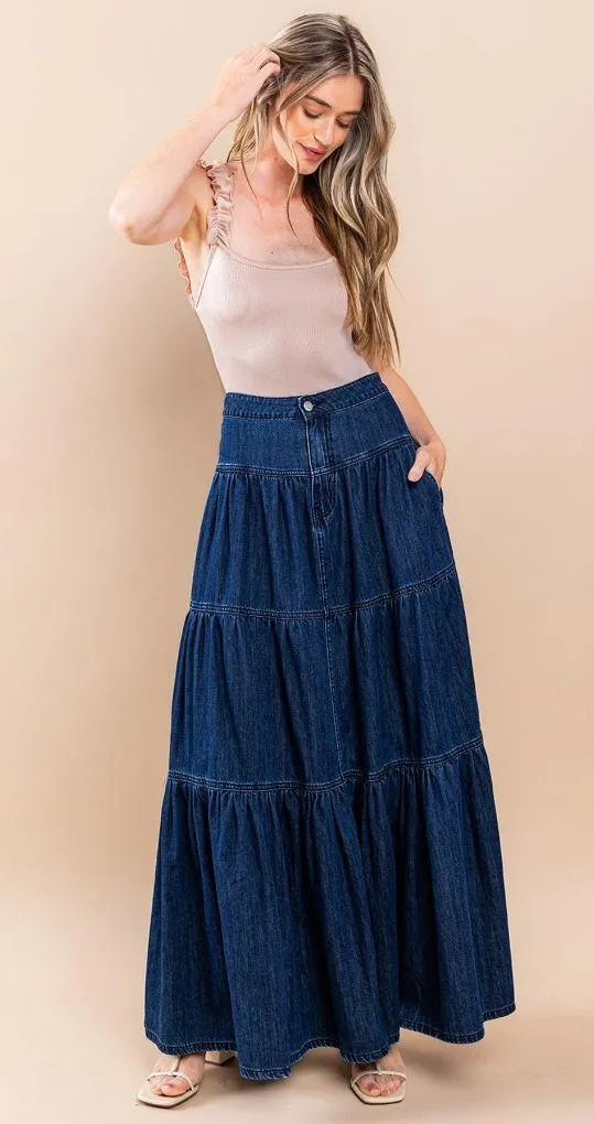 Denim Tiered Maxi Skirt - Image 5