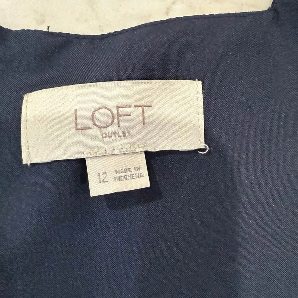 Loft Outlet Floral A-Line Midi Dress Womens 12 Navy Blue Square Neck Zipper Back - Image 7