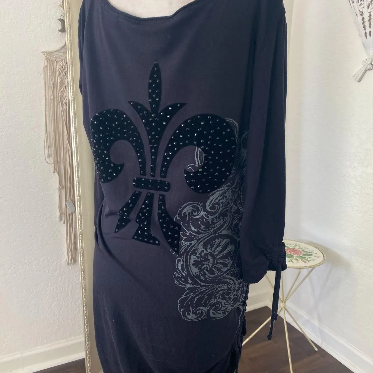 Rock & Roll Cowgirl Romantic Goth Grunge Black Studded Cinched Midi Dress L - Image 3