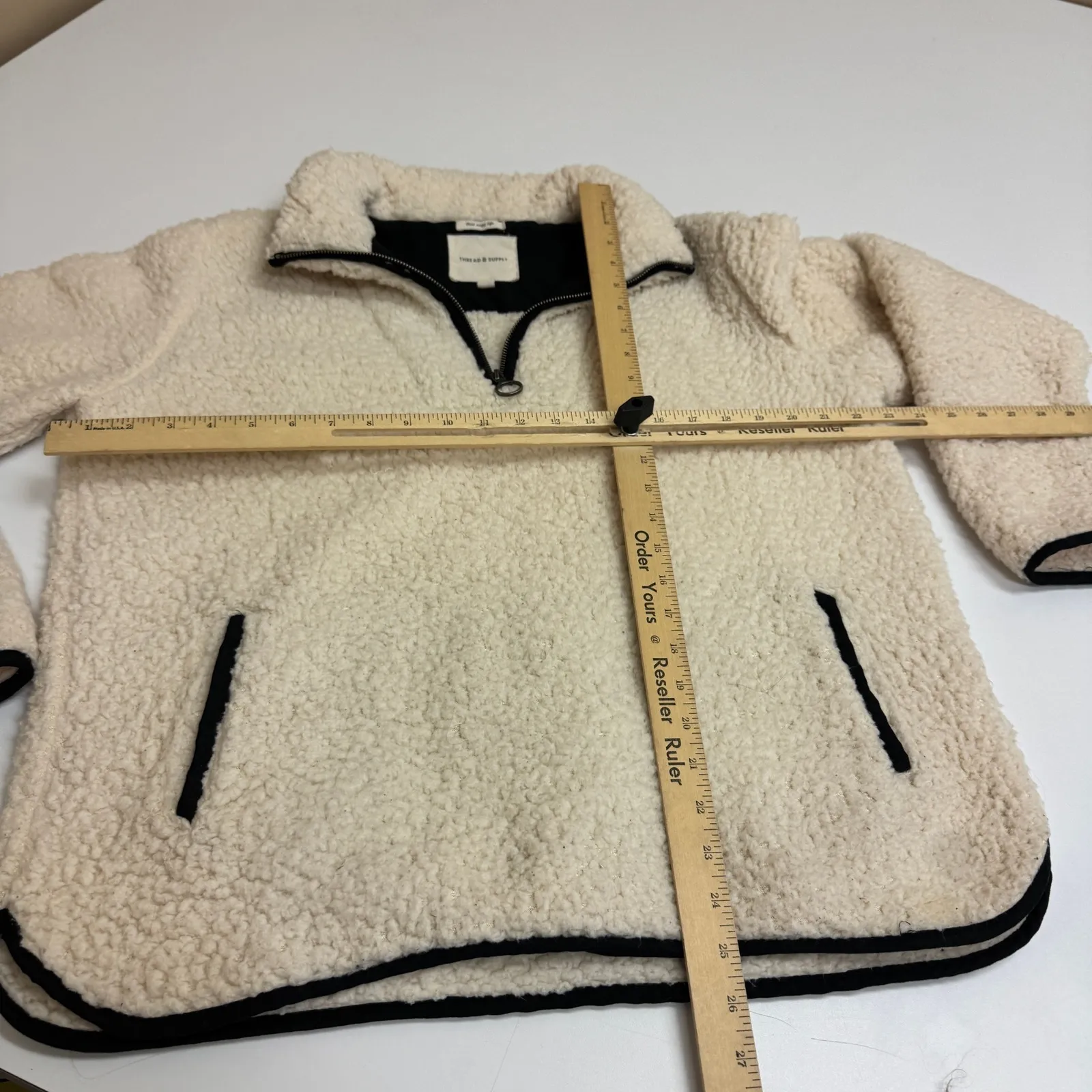 Thread & Supply Pullover Womens Large Cream Sherpa Fleece 1/4 Zip Sweatshirt Black - Image 5