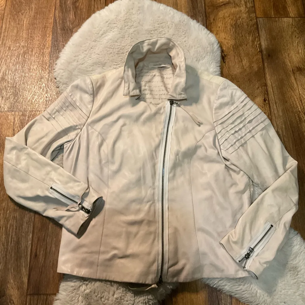 Sundance Jacket Womens Medium Lambskin Leather Linen Cream Zipper Moto Soft - Image 1
