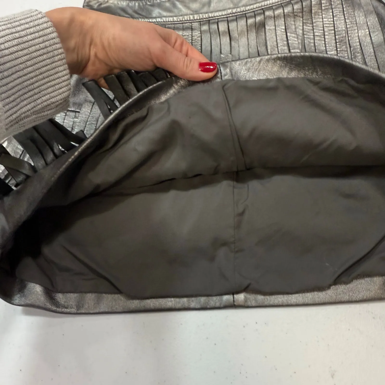 AllSaints Aisha Leather Fringe metallic mini Skirt Size 4 Silver - Image 5