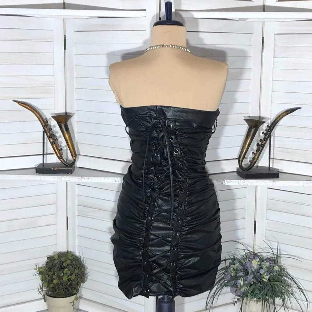 Forever 21 Black Faux Leather Lace Up Corset Mini Dress S - Image 5