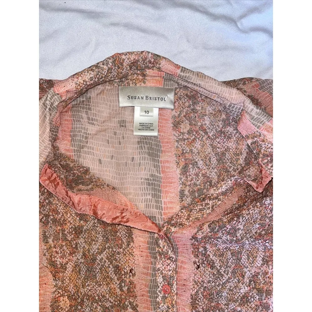 Long Sleeve Button Up 100% Silk Size 10 Susan Bristol Pink Pattern‎ Top Blouse - Image 2