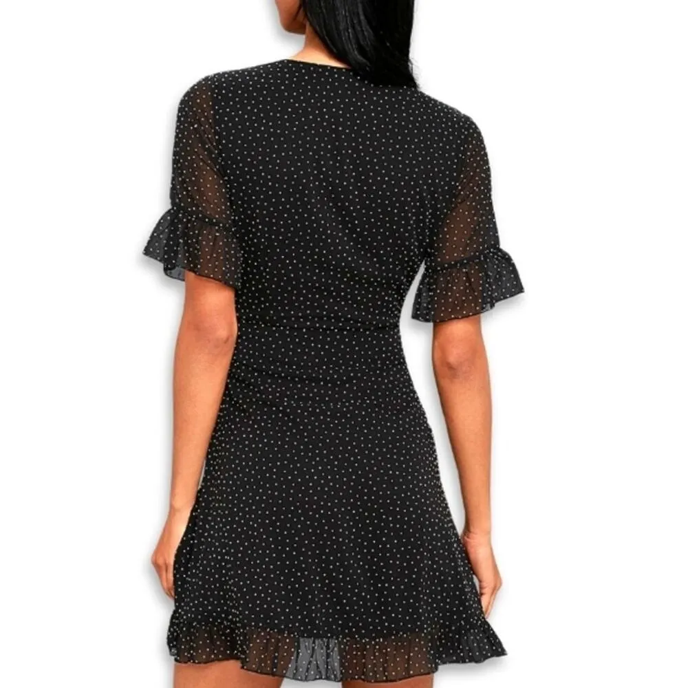Lulus Mini Dress Polka Dot Print Short Sleeve Soft Ruffle Black/White W S NWOT Black - Image 6