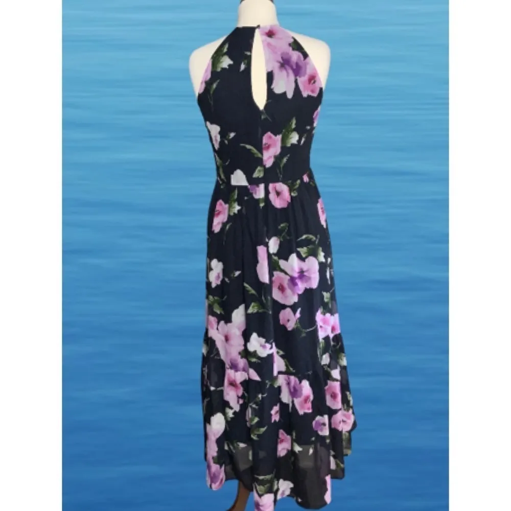 Vince Camuto Black Tropical Floral Halter Hi/Lo Maxi Chiffon Cruise Dress 4 - Image 5