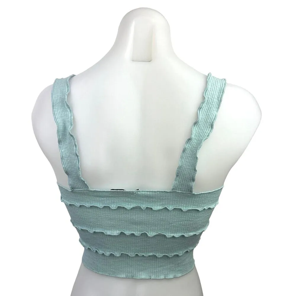 Zara Light Blue Ribbed Knit Scalloped Trim Square Neck Stretch Crop Tank Top M - Image 2