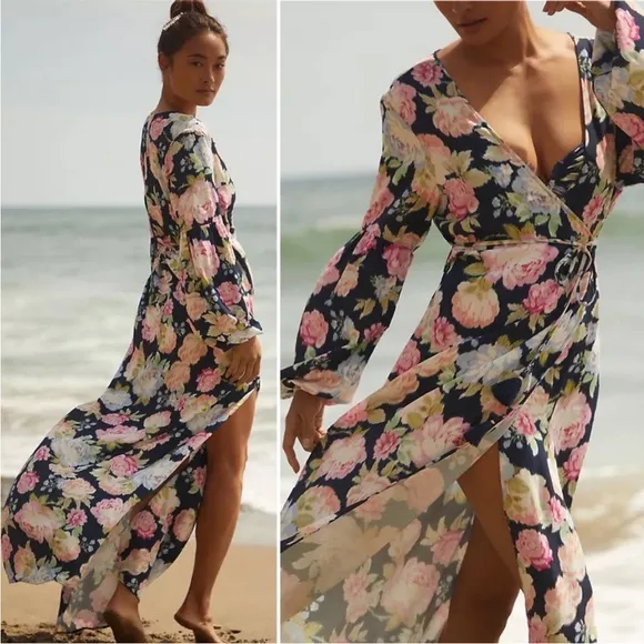 Maaji X Anthropologie Floral Sustainable Aubree Kimono Wrap Maxi Dress Cover Up - Image 3