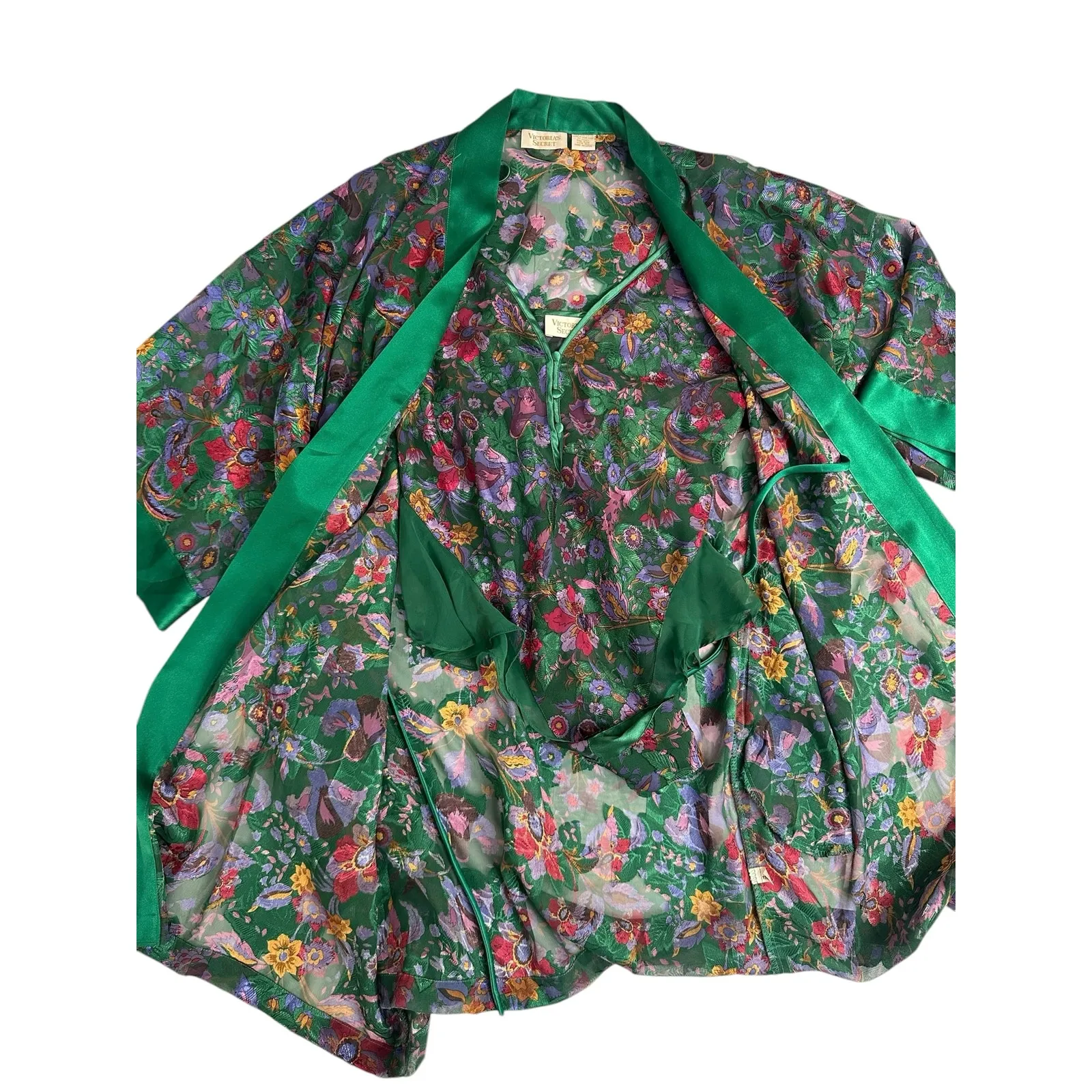 Victoria's Secret Gold Label Vintage Green Floral Sheer Robe Teddy Set - Image 2