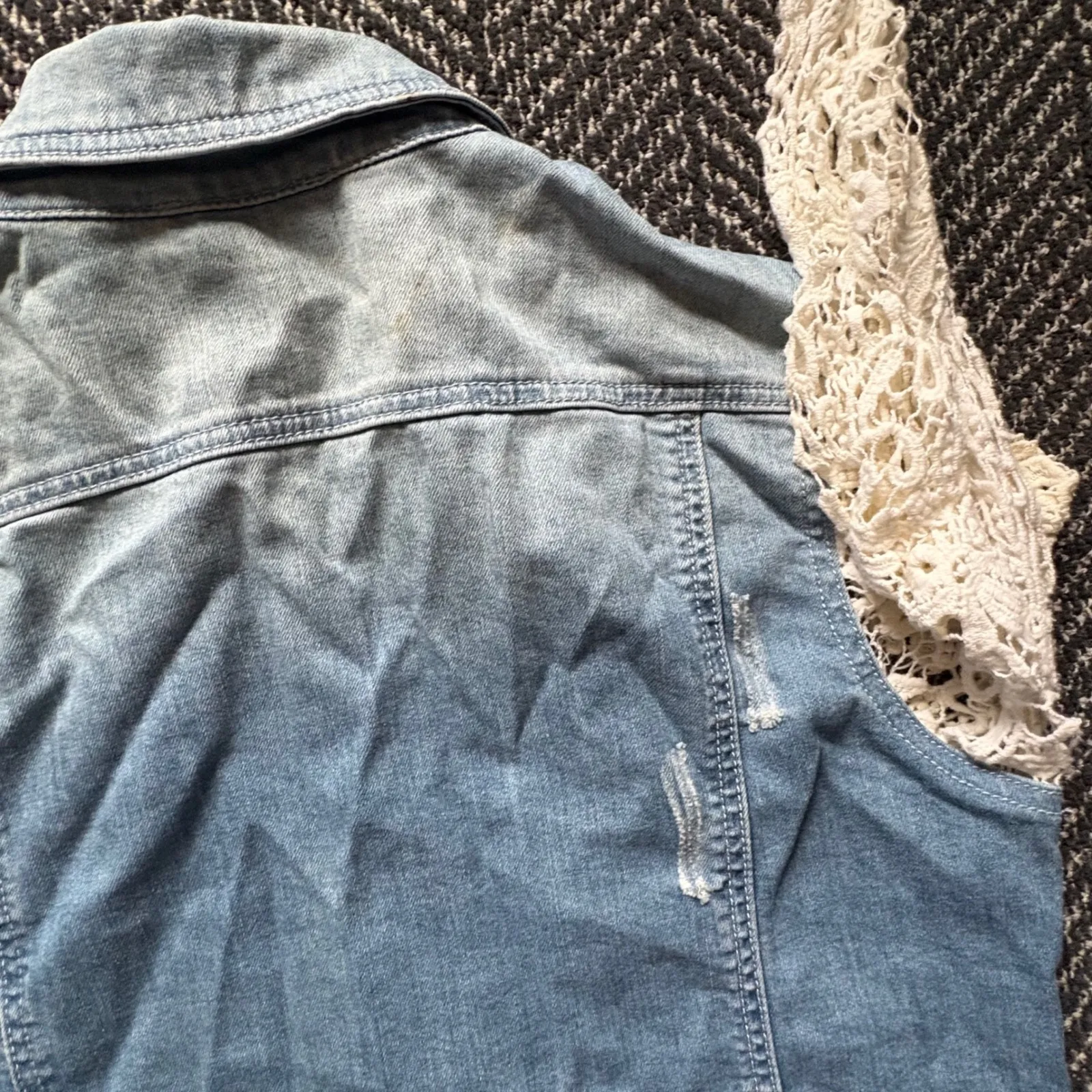 Oodji Denim Jacket White Crochet Lace Long Sleeves Distressed Women Size 42‎ Blue - Image 13