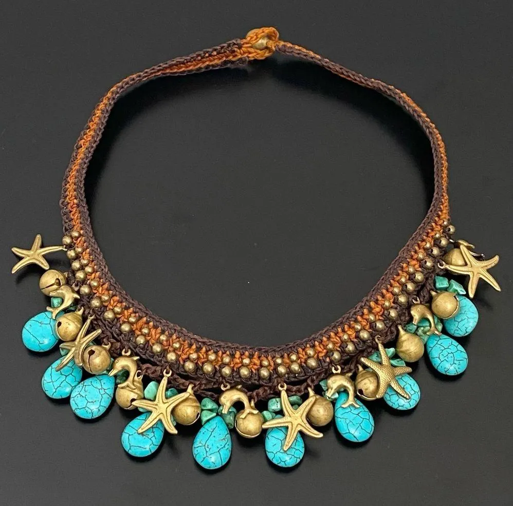 Unsigned Faux Turquoise Starfish Dolphin Beach Theme Crocheted Bohemian Necklace Blue - Image 5