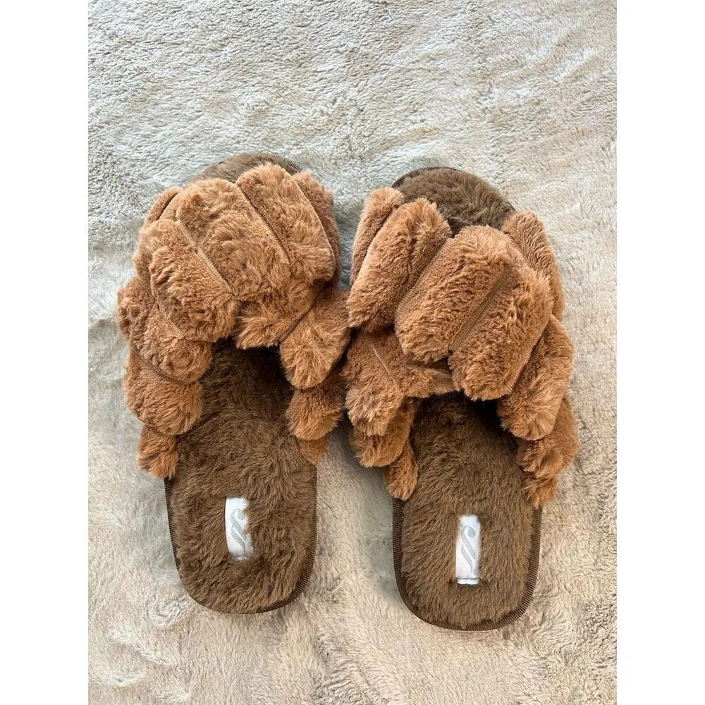 Women's Fuzzy Double Strap Slide Slippers Brown Open Casual Sketchers - Image 6